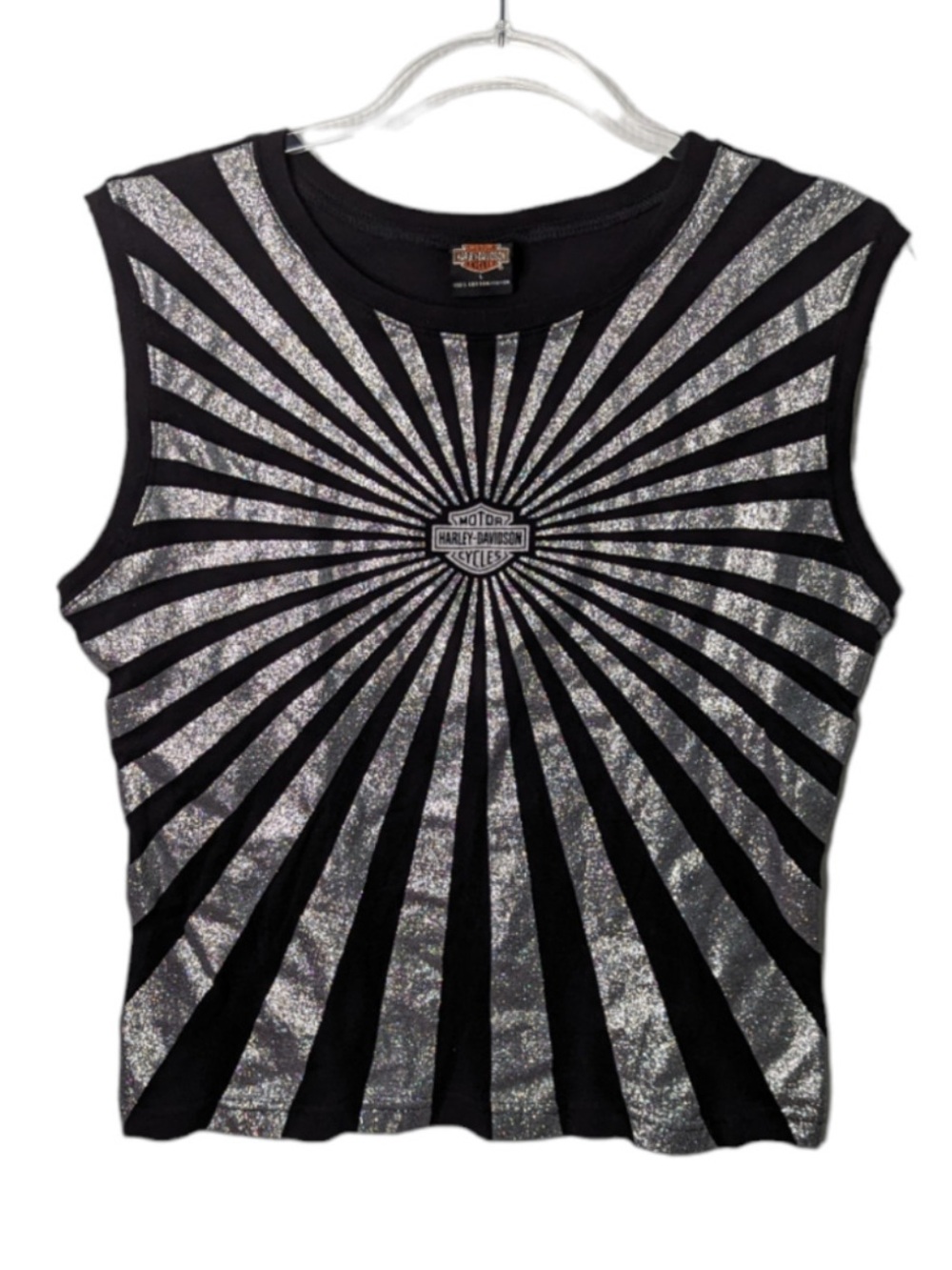 Harley Davidson Black & Silver Swirl Glitter Sleeveless T Shirt Chicago Ladies L